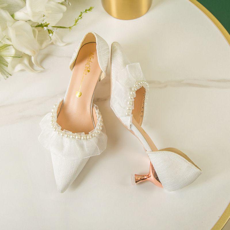 

Модные туфли-лодочки с жемчужной отделкой, острым носком и средним каблуком-стилетто для женщин, лето 2025, шикарные и элегантные, по акционному предложению 40