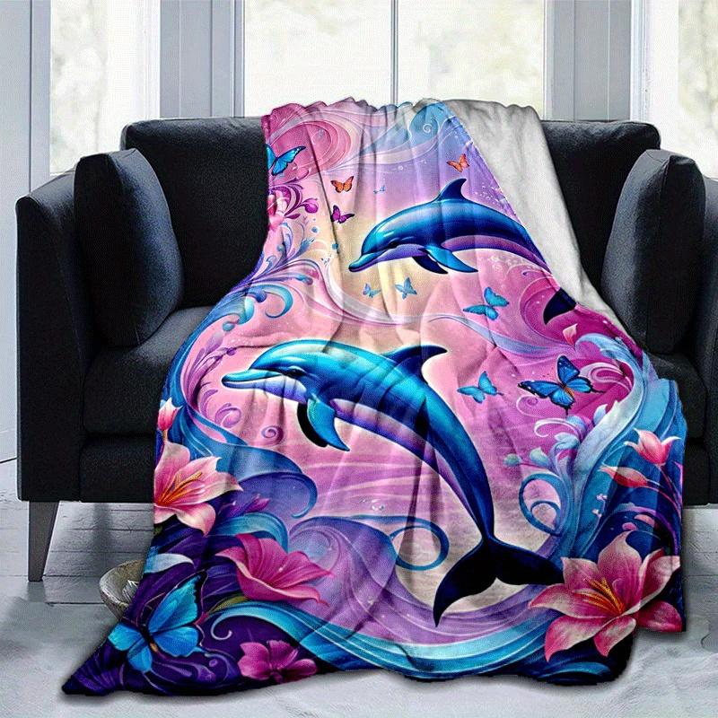 1pc Dolphin Printing Lightweight Flannel Blanket, Comfortable and Warm Blanket, for Camping Sofa Bed and Couch Office, Gift