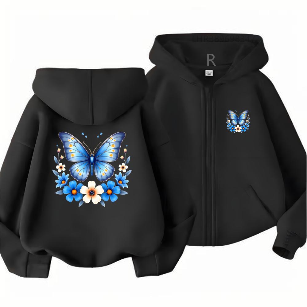 Butterfly Flower Girl Pink Hoodie Zip Up Cardigan Tops Black Hoodies 3-12 Year Zipper Style Children Red Autumn Coat