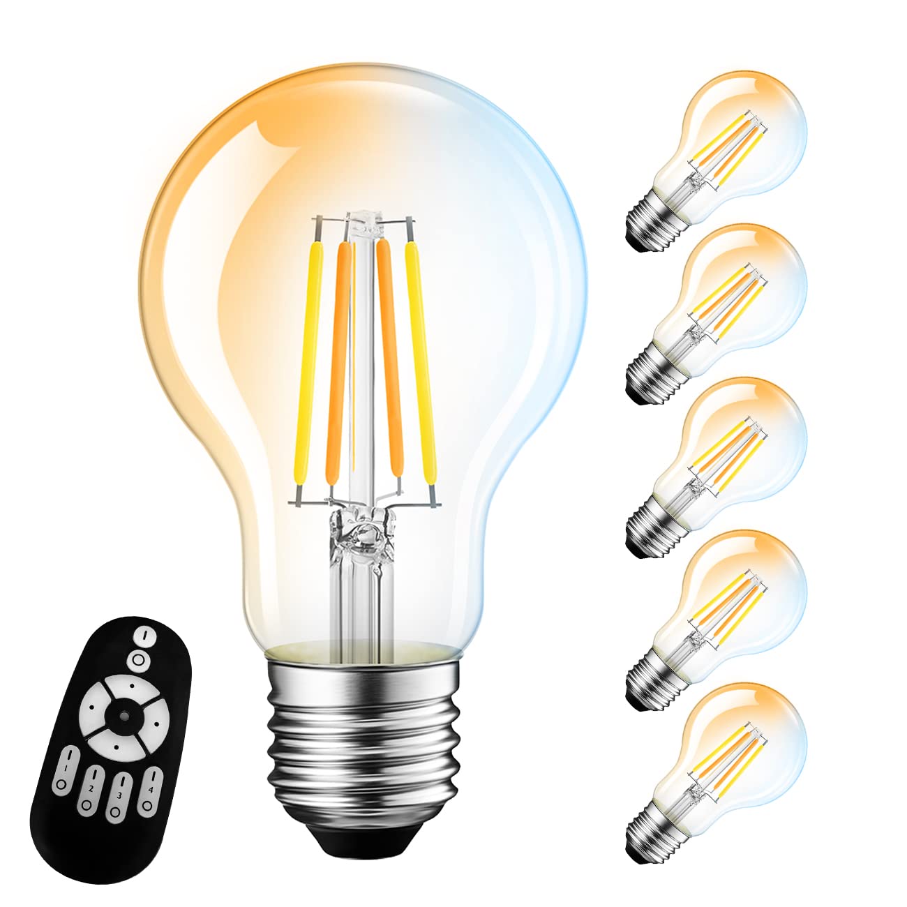 

Dimmable LED Bulbs, 6-Pack, 60W Equivalent, E26 Base, Dimmable, Color-Adjustable, 806LM, 6W Power Consumption, Clear, Remote Control, Warm White,