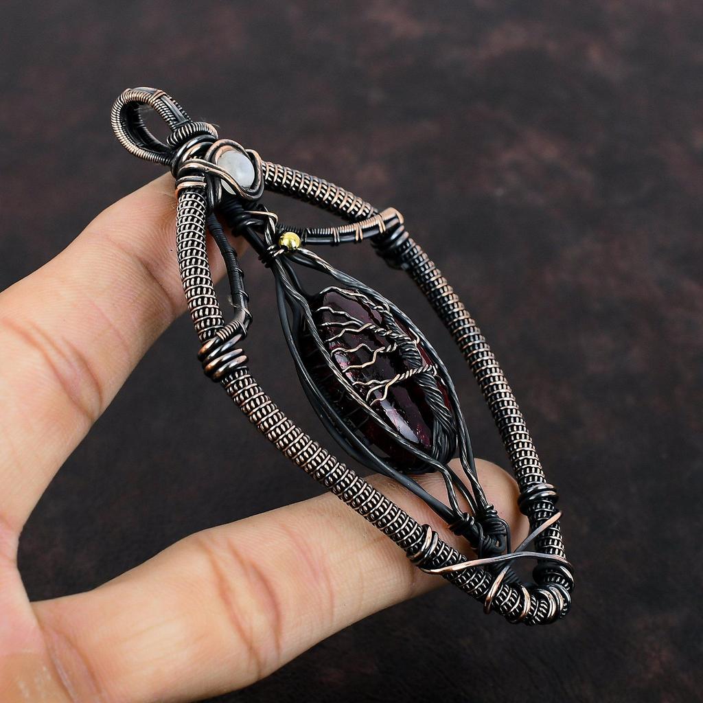 Baum des Lebens Roter Feuer-Labradorit Anhänger Kupferdraht umwickelter Anhänger Regenbogenmondstein Schmuck Edelsteinanhänger Handgefertigter Schmuck zum Geschenk