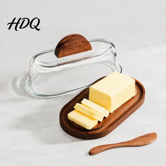 Minimalist Kitchen Butter Organizer Wooden Dish with Glass Lid And Knife Holder for Container Refrigerator Countertop & Refrigerator Keeper