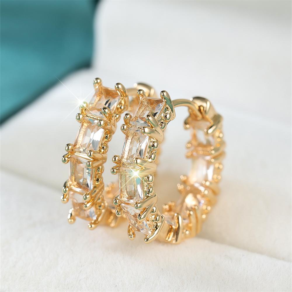 Rectangle Stone White Zircon Round Hoop Earrings For Women Vintage Gold Color Ear Buckle Wedding Jewelry Bridal Engagement Gifts