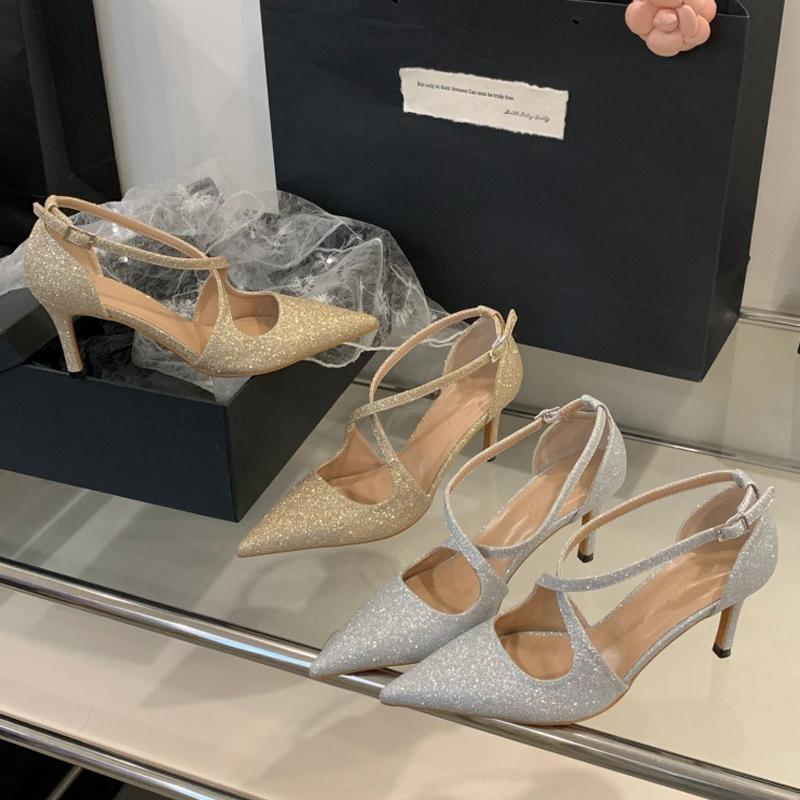 Eilyken Paillettenstoff Pumps für Damen mit spitzer Zehenpartie, elegantem Schnallenriemen und dünnen hohen Absätzen, Party Ball Mules Schuhe