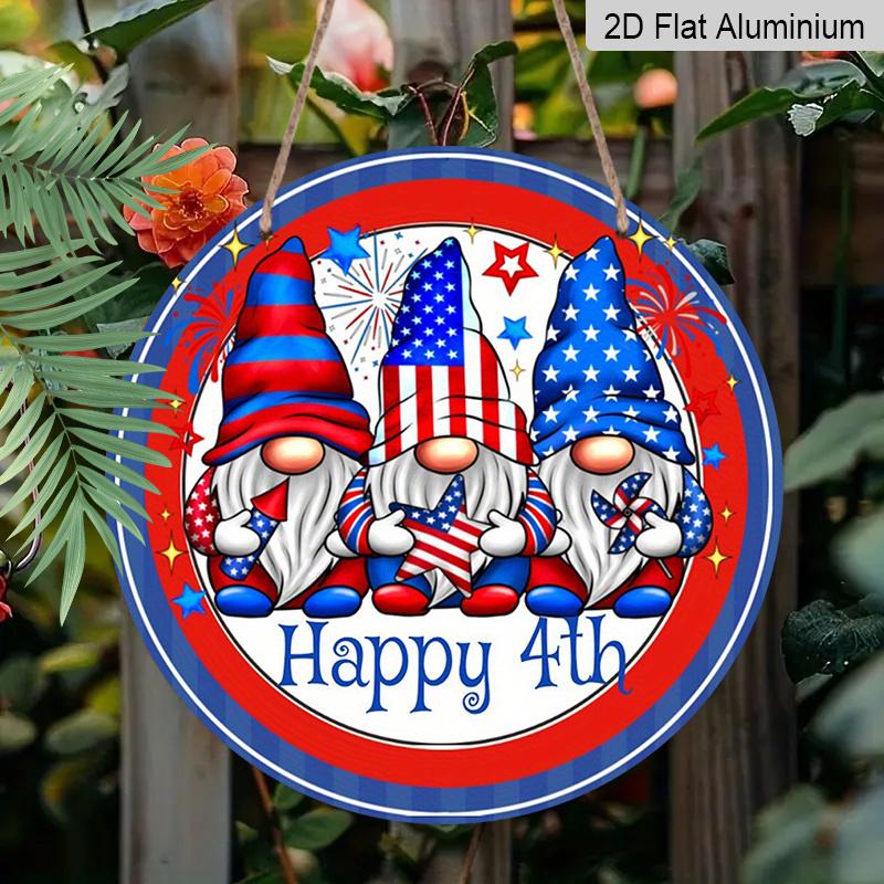 2D Flat, 1pc Round Aluminum "Happy 4th" Patriotic Gnome Sign, 4th of July American Flag Gnomes Metal Plaque, Cute Firework Design, Perfect for