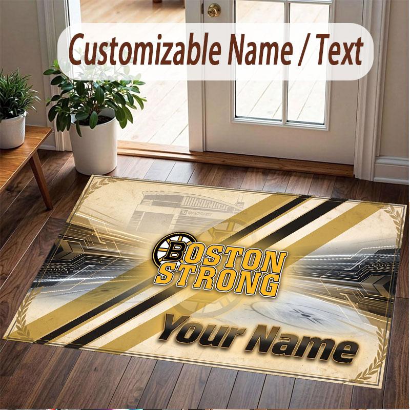 Custom Rug Boston Bruins Pattern Print Name Text Soft Non‑Slip Floor Carpet for Home Indoor Decoration