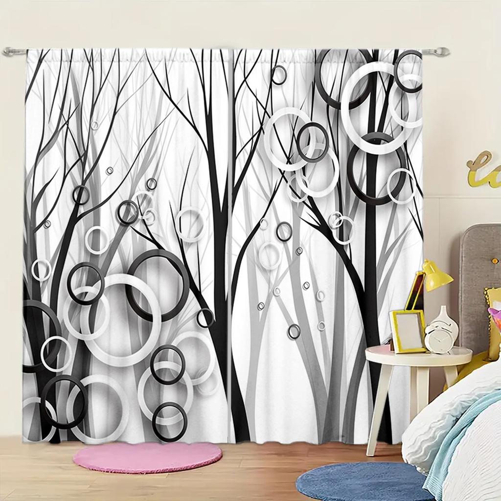 2pc 3D Stereoscopic Abstract Collage Printed Curtains - Set of 2 Panels for Children's Home Decor in Living Room, Bedroom