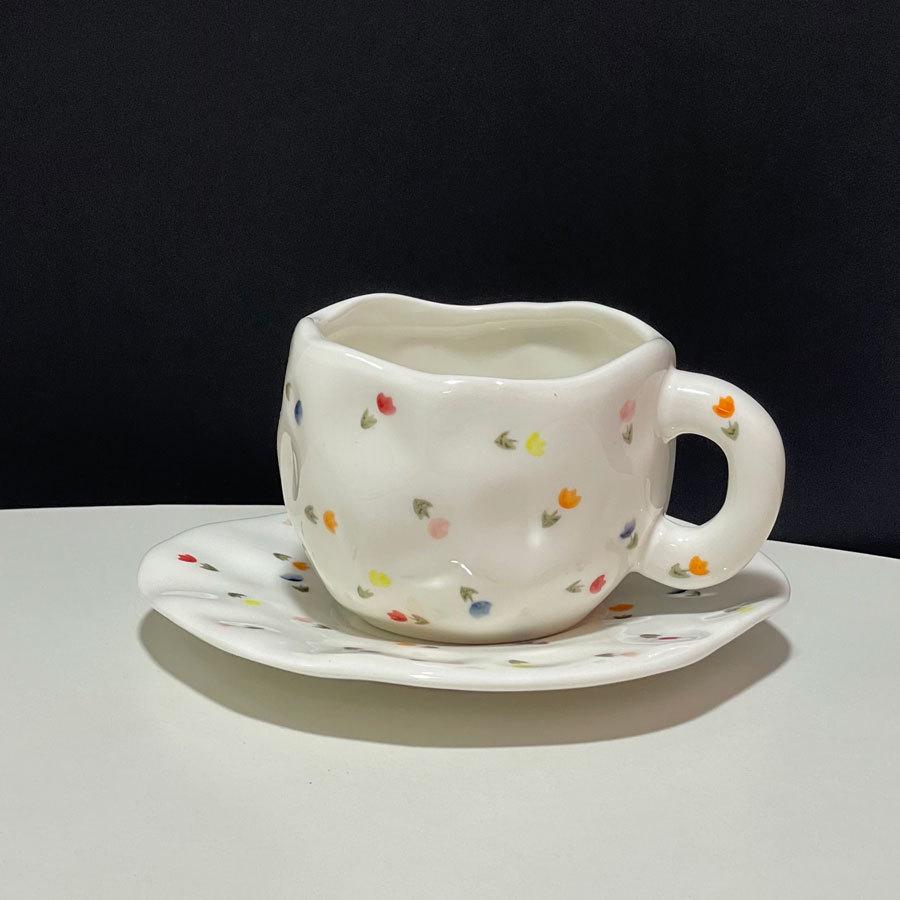 Hand Painted Blue Sky White Clouds Coffee Mug with Saucer Ceramic Handmade Tea Cup Saucer Set Lovely Gift Irregular Coffee Mug