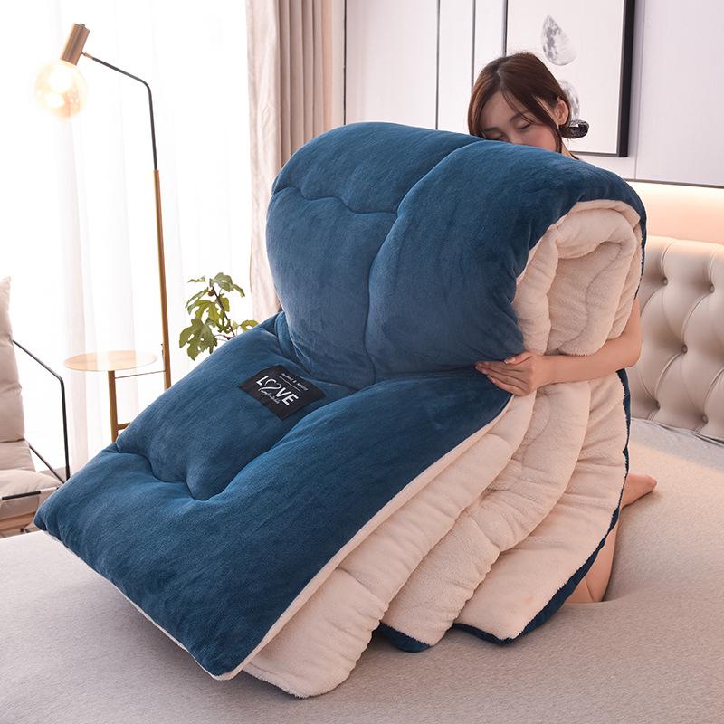 Solid Color Milk Velvet Winter Quilt with Flannel & Lambswool Core - Thick Warm Mattress Topper