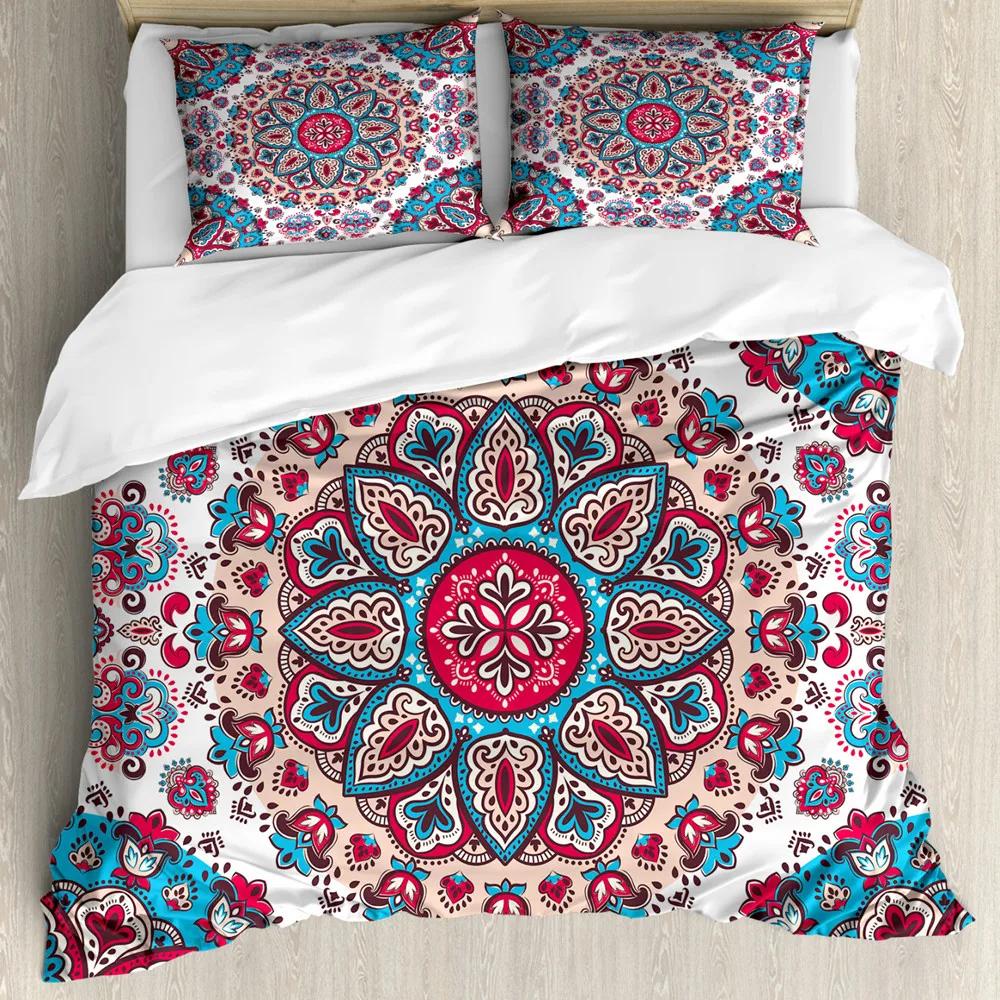 Mandala Duvet Cover Set Boho Style Ethnic Colorful Spring Garden Themed Multicolor Polyester Bedding Set Double Queen King Size