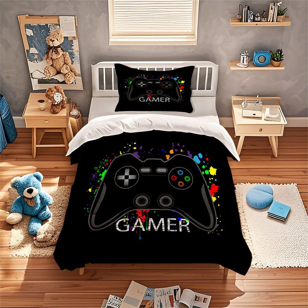 2/3Pcs Gamer Video Game Duvet Cover Set(1 Duvet Cover & 1/2 Pillowcase) Soft Breathable Bedding Set Perfect For Teen Bedroom