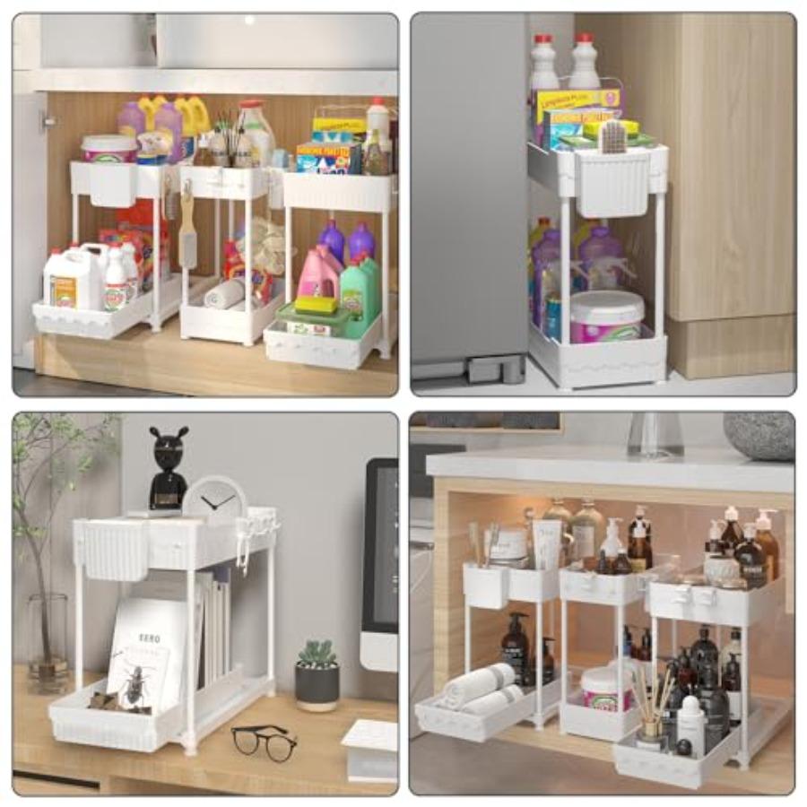 3 Pack Under Sink Organizers 2-Tier Multi-Use Kitchen and Bathroom Organizers and Storage with Sliding DrawersBathroom Cabinet