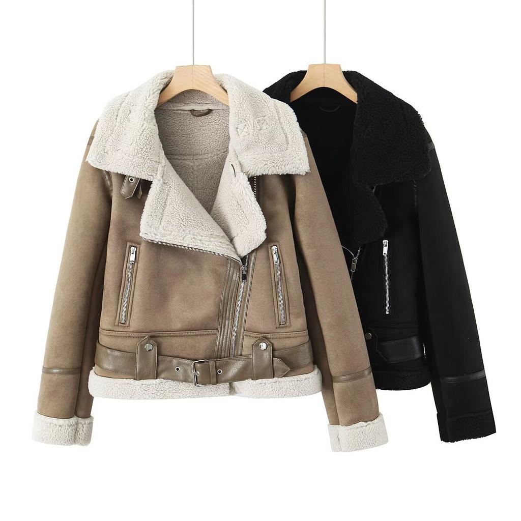 Winter European and American Women's Clothing Double-sided Fur Integrated Deerskin Fleece Thickened Windproof Locomotive Jacket