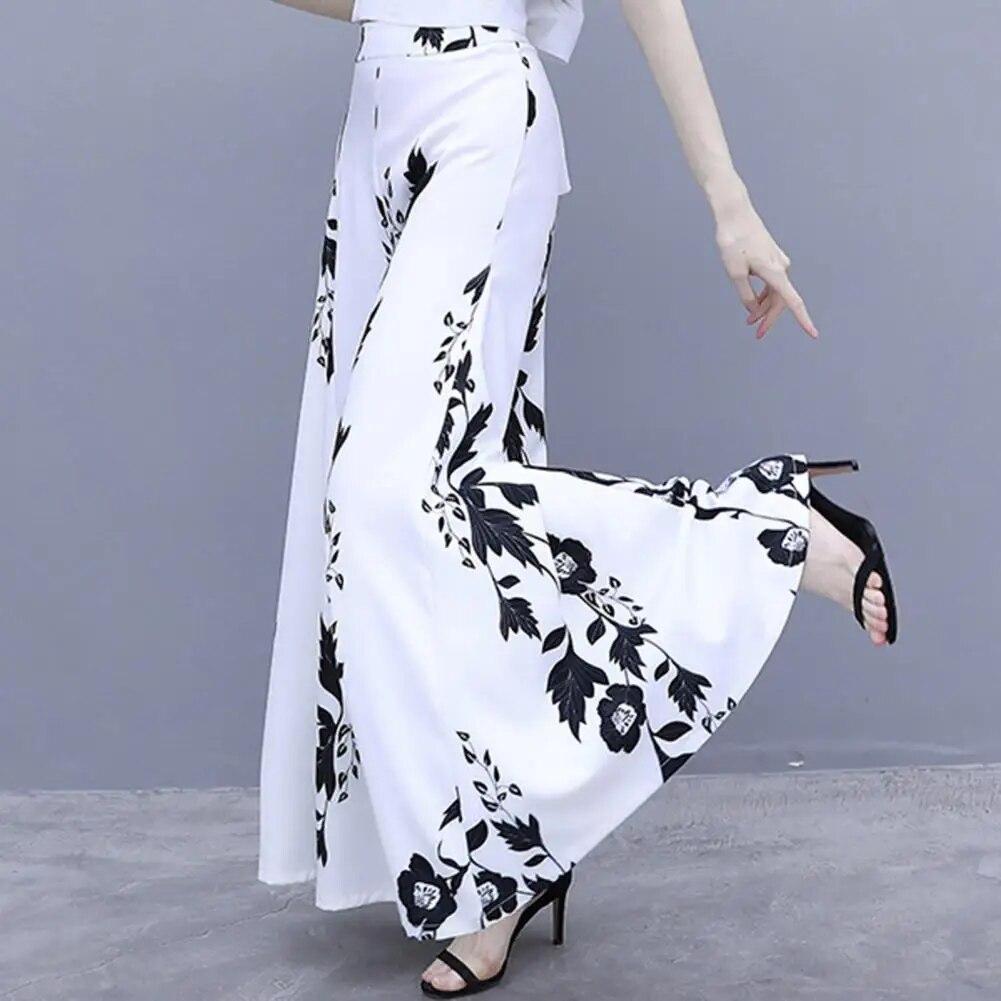 Pantaloni lungi de vară de damă Fusta culoare contrastantă Imprimare cu flori cu talie înaltă slăbire Pantaloni de dimensiuni mari Fusta Haine de zi cu zi