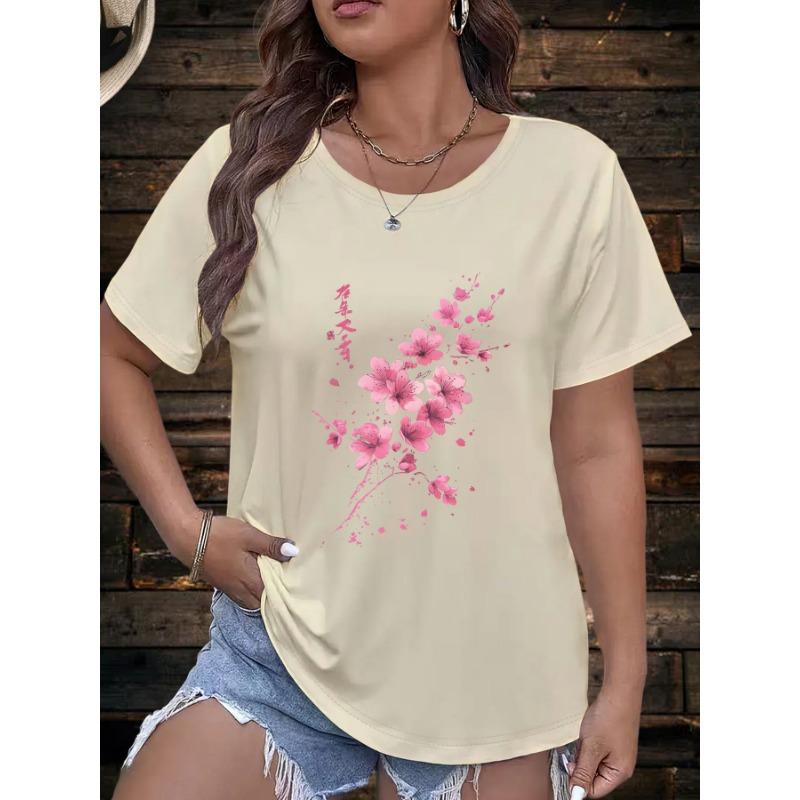 Flower print European and American large size fashionable round neck short-sleeved T-shirt
