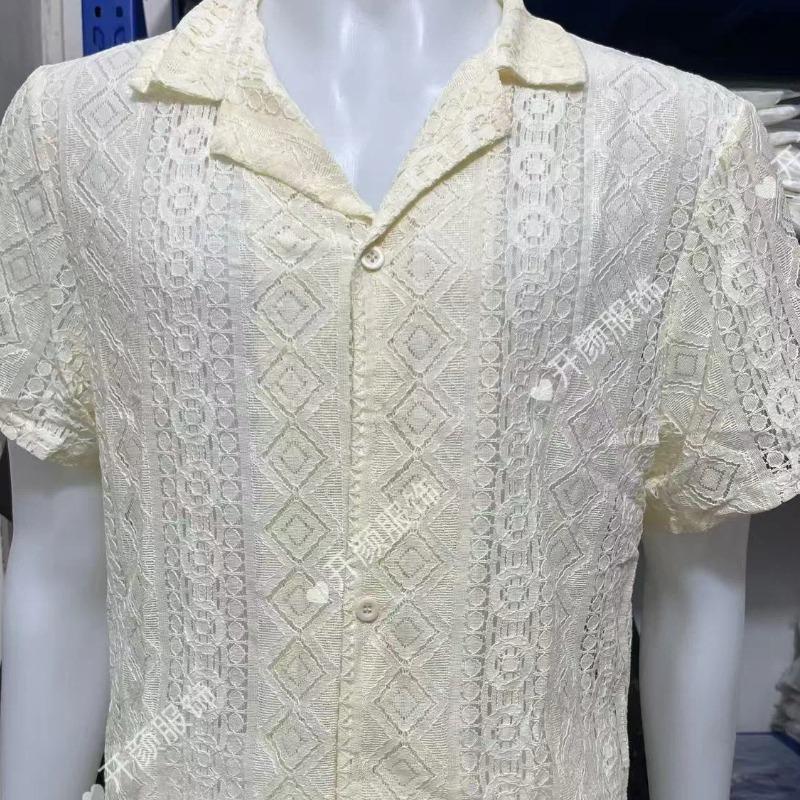 Summer Fashion New Men's Lace Short Sleeve Shirt Casual Hollow versatile Top