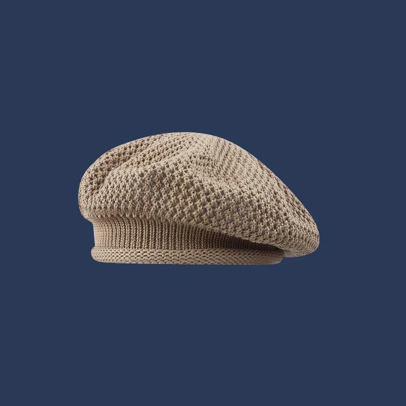 New Korean Hollow Solid Color Knitted Beret Hat For Women Summer Breathable Weave Painter Hats All-Match Trend Flat Cap Artists