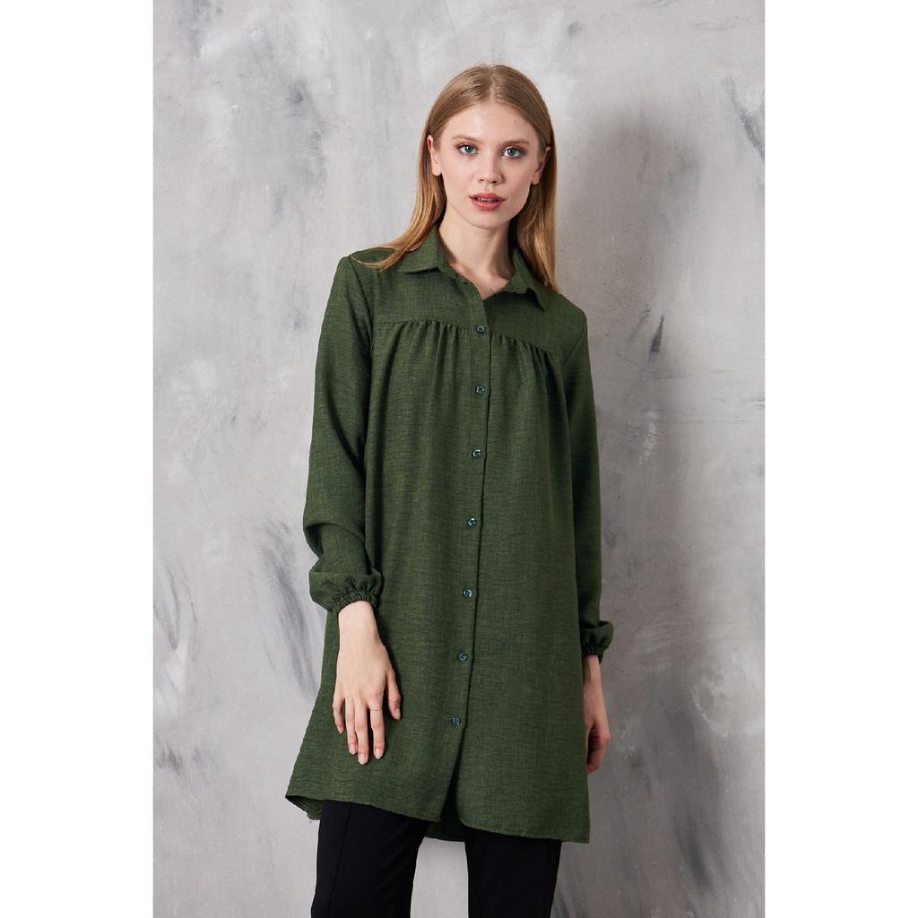 Women's Imported Linen Tunic Shirt With Gathered Front And Elastic Sleeves