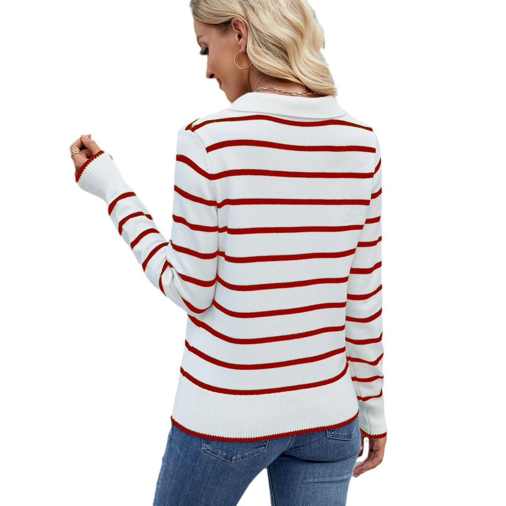 New 2025 Women's Casual Striped Knitwear Lapel Sweater Top