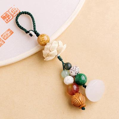 Bodhi Lotus Flower Pendant Key Chain Chinese Style Pendant Mobile Phone Ring Key Ring Vintage Style Yoga Car Accessories