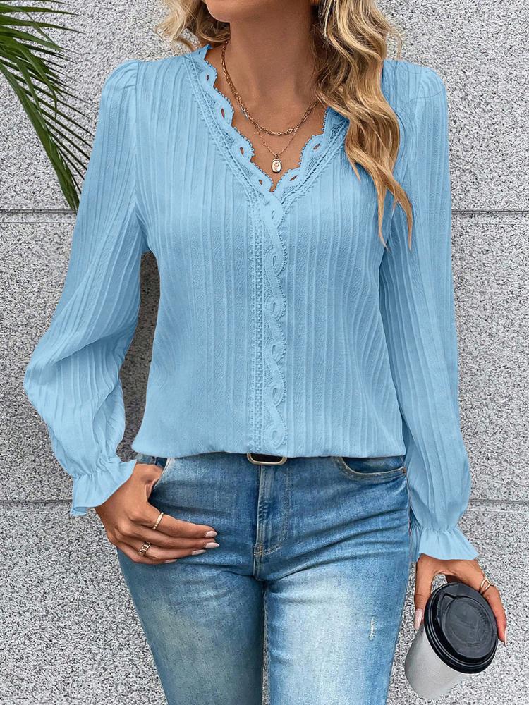 Chunqiu Women's Solid Color Long Sleeved Casual Striped V-neck Lace Top with Patchwork Hollowed Out Women's Shirt