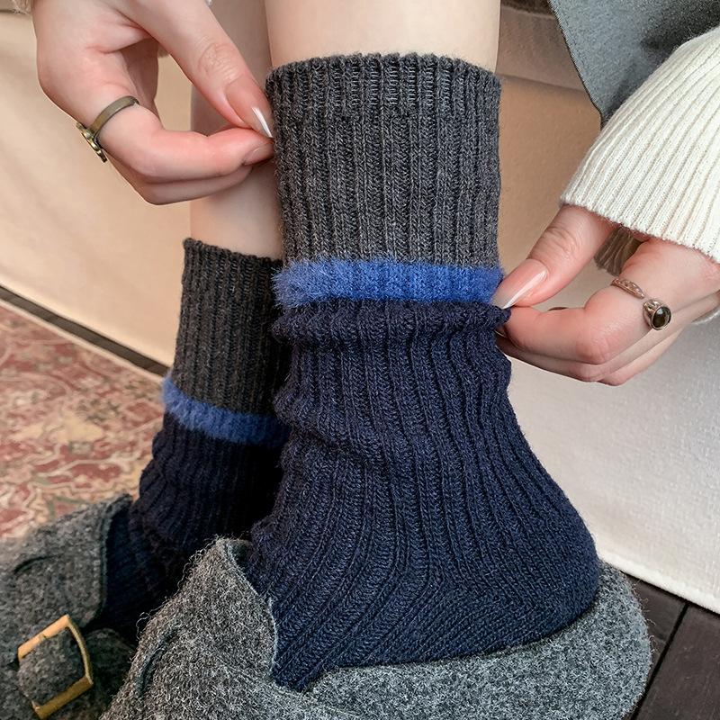 Wool Socks Children'S Stacking Socks Tide Season Warm Color Matching Maillard Retro Velvet Thickened Medium Tube Socks