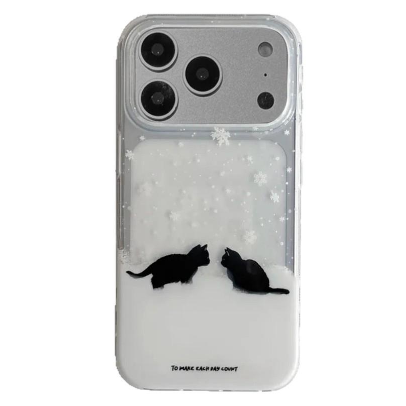 Winter Snow Black Cat Suitable for Apple 16/17promax Mobile Phone Case IP15 Transparent Space Case 14pro Cute