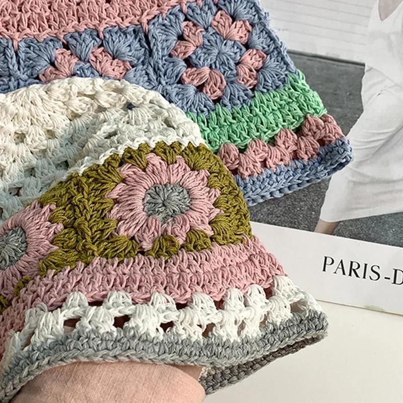 Blumen Gehäkelte Fischerhüte für Damen Handgefertigt Häkeln Hohlbeckenhut Damen Mützen Frühling Sommer Sonnenschutz Sonnenhut Gorro