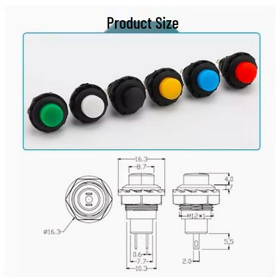 12mm DS-502 Round Head Non-Locking Momentary Button Switch, Self-Resetting, Normally Open, in Red, Yellow, Blue, and White