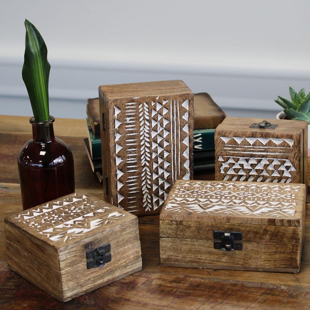 Wooden Box Whitewashed Slavic Design 15x10x6 cm