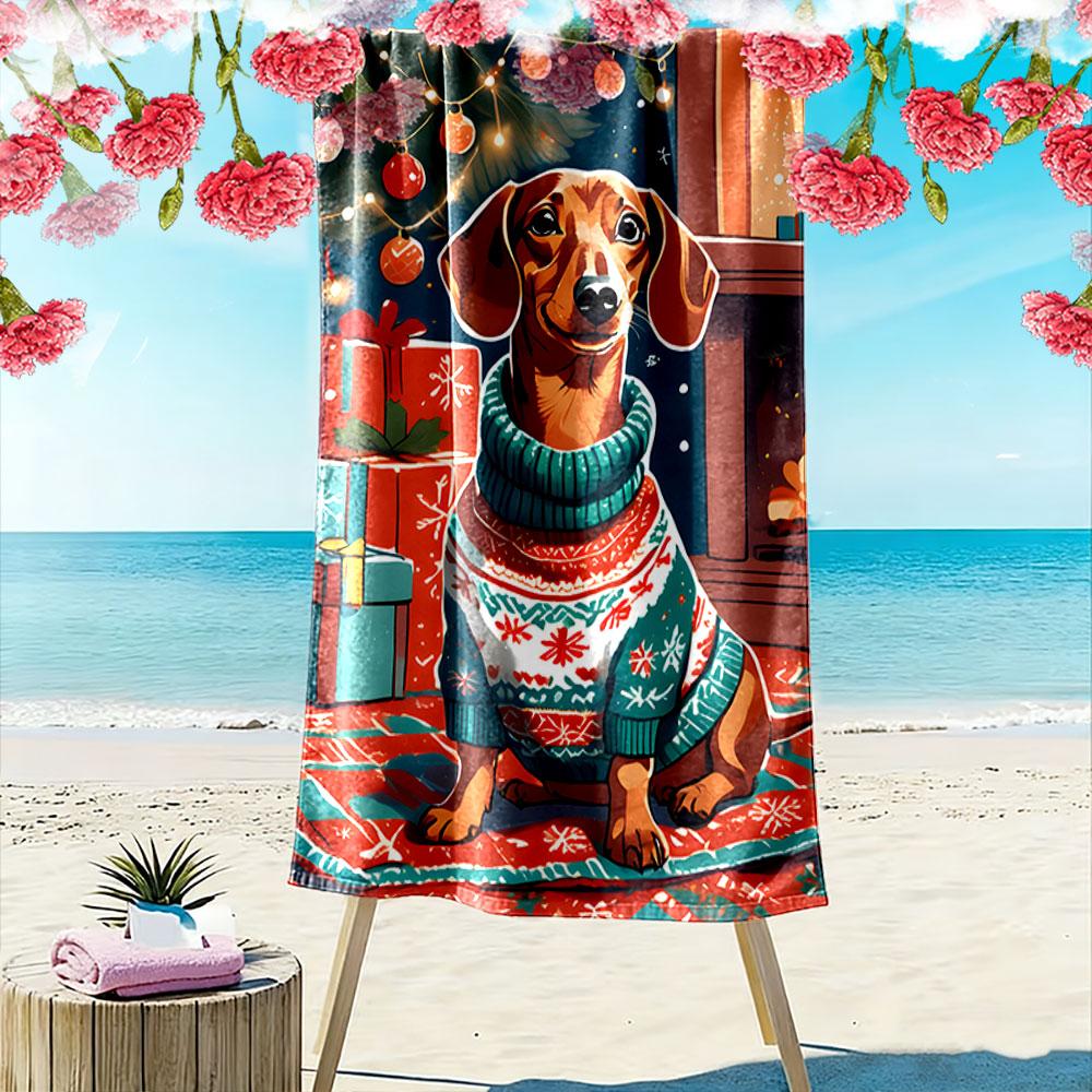 Festive dachshund in coziness Print beach towel, quick drying, suitable for travel, outdoor sports, jogging, the beach and swimming, gift