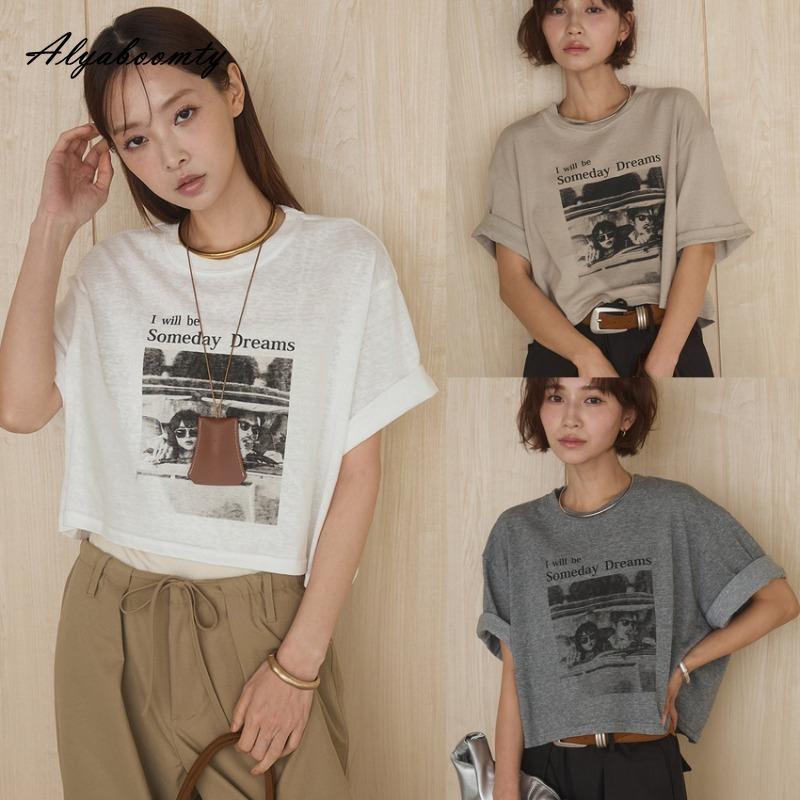 Korean Fashion Summer Women Basic Streetwear Tee O Neck English Letter Print Casual Loose Top Cotton Ladies' White Gray Light Khaki T-Shirt