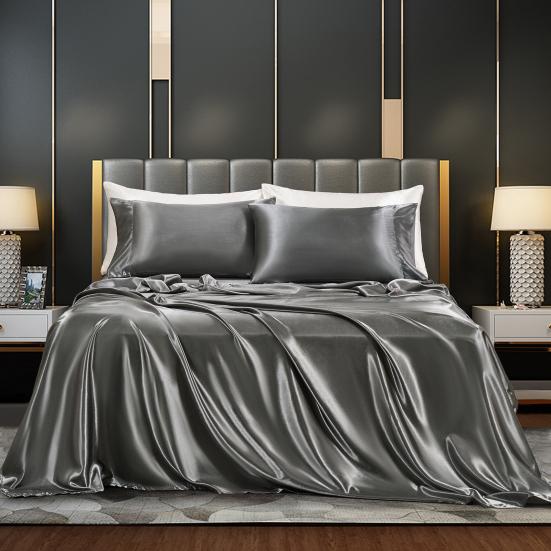 Glossy Satin Sheets Solid Color Pillowcases Sheet Fitted Sheet Cooling Wrinkle-Free Silky