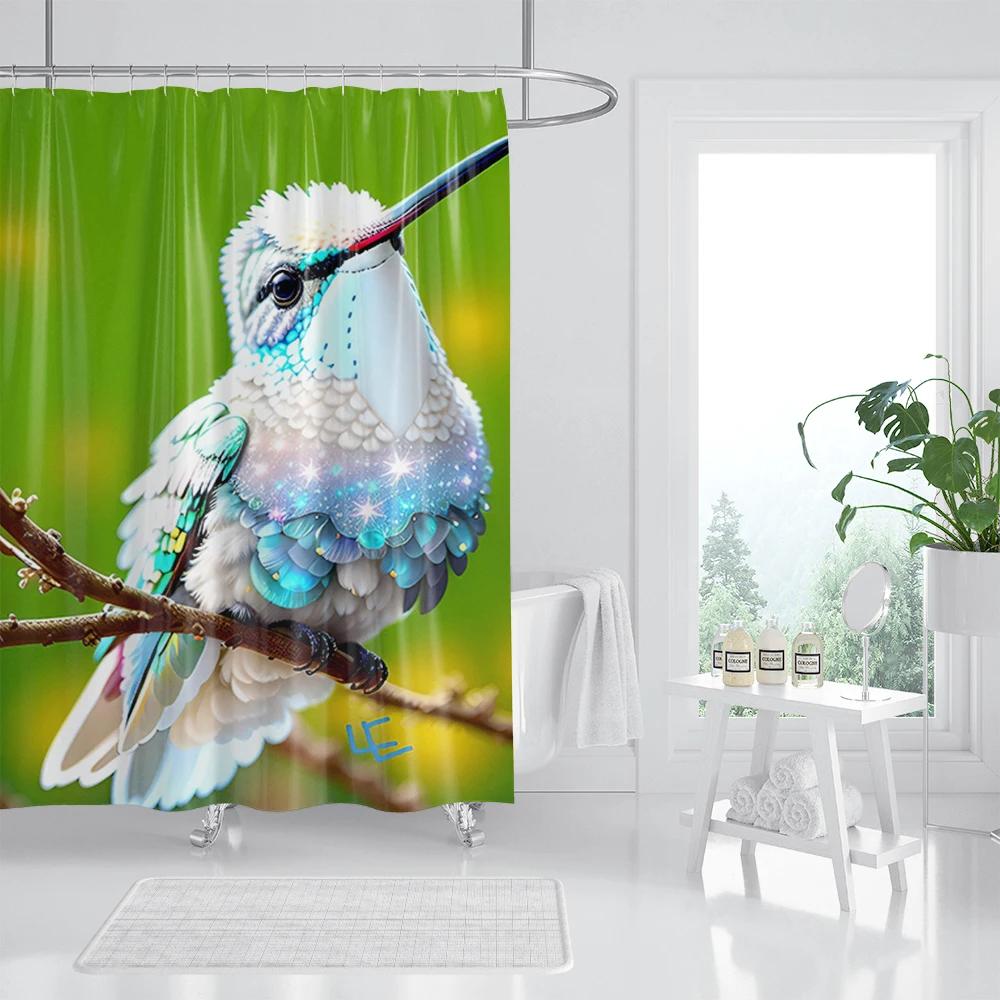 Spring Floral Hummingbird Shower Curtain for Bathroom Watercolor Flowers Birds Fabric Bath Curtains Modern Art Decor with Hook