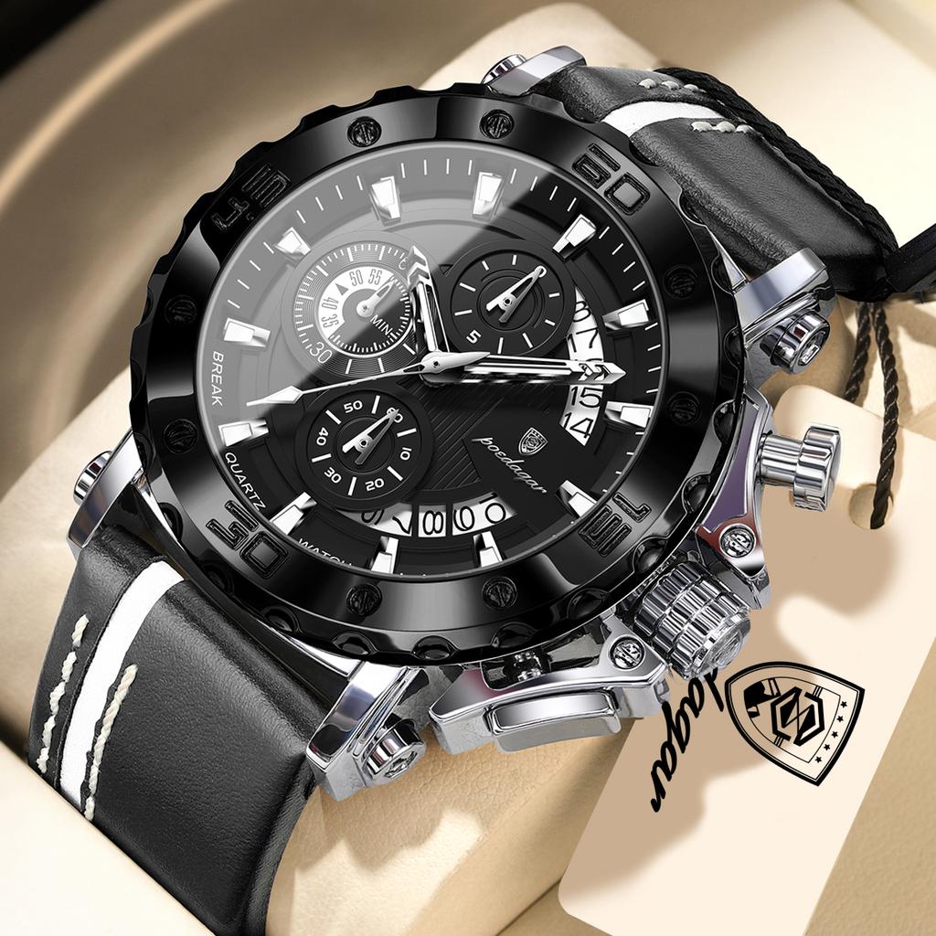 POEDAGAR Sportuhren für Herren Wasserdicht Leuchtend Datum Uhr Chronograph Leder Quarz Funktionell Armbanduhr Reloj