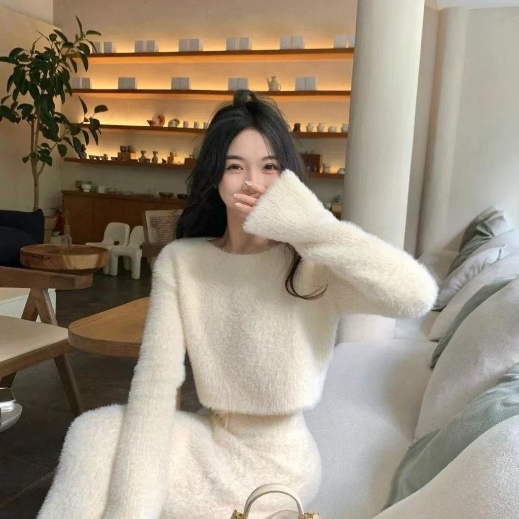 Woman Winter Skirt Sets O-neck Solid Knitted Sweater Mid-calf Skirts Vintange Fashion Two Piece Sets Womens Outifits