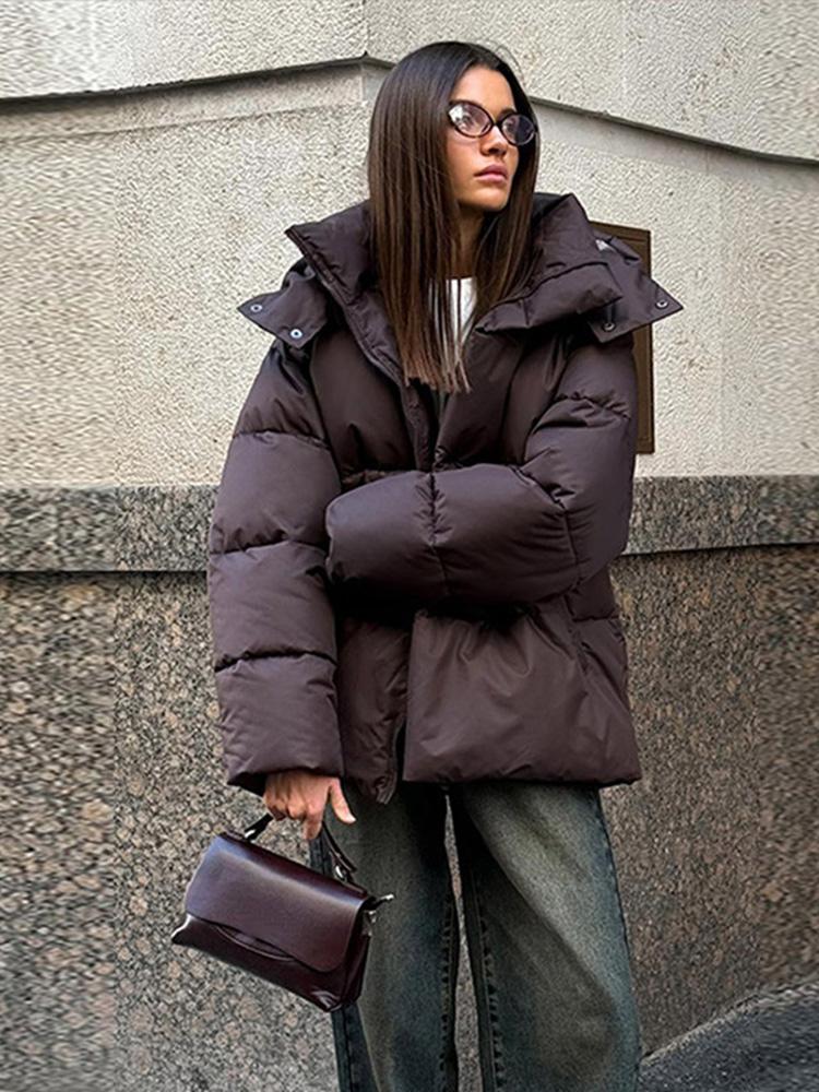 Women's Standing Collar Long Sleeved Zipper Thick Striped Jacket Brown Winter