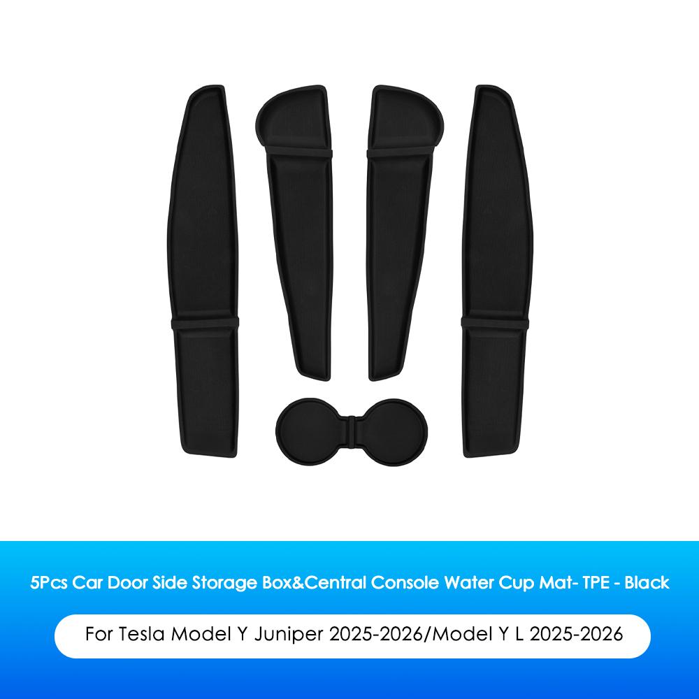 Heenvn 5PCS TPE Car Door Storage Box Center Console Water Cup Pad Mat For Tesla Model Y Juniper Model YL 2025 2026 Accessories