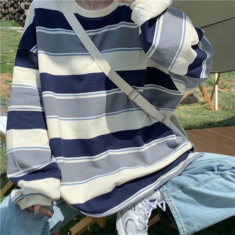 Women Striped Crew Neck Sweatshirt Oversized Loose Long Sleeve Pullover Top Casual Harajuku Style Student Blouse