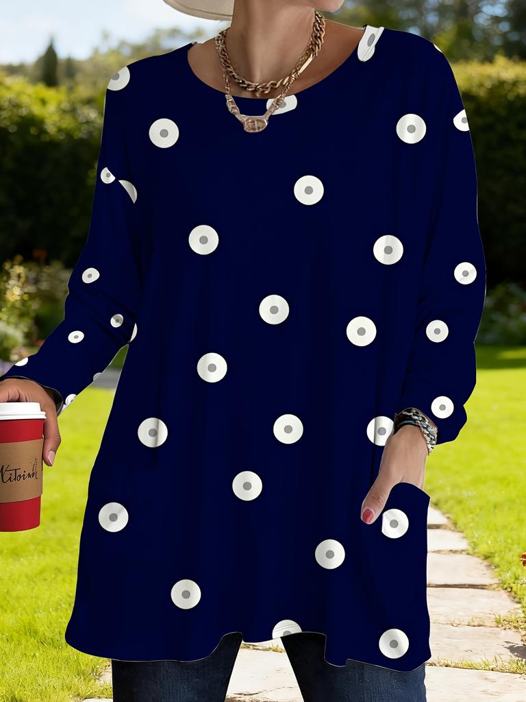 Women's dark blue polka dot loose long-sleeved T-shirt with pockets, women's spring and autumn new Korean version casual top,
