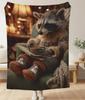 Funny Racoon with Coffee Books Blanket Sherpa Blanket, Cozy Winter Blanket, Autumn Blanket , Christmas Decor Family Blanket