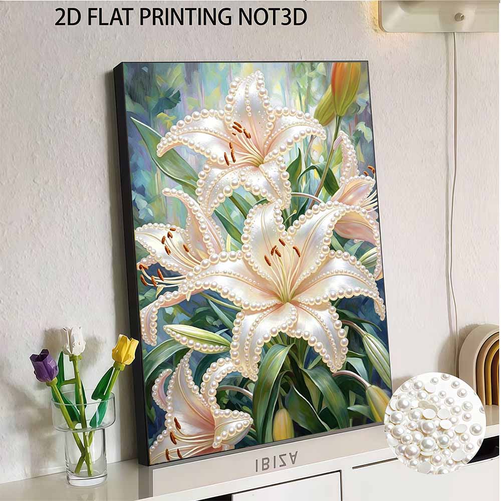 DIY Frameless Pearl Painting Kit Elegant White Lily Flowers 3D Shiny Bead Art Canvas Relaxing Craft for Adults Home Wall Decor Gift