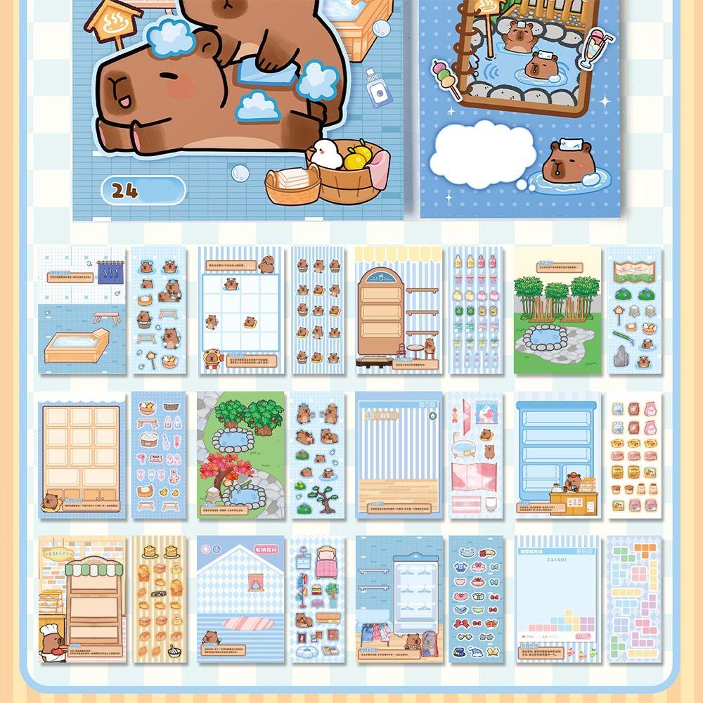 24in1 Capybara Landscape Sticker Book Miniature Scene Collection Cartoon 3D House Stickers Supermarket Bedroom PET