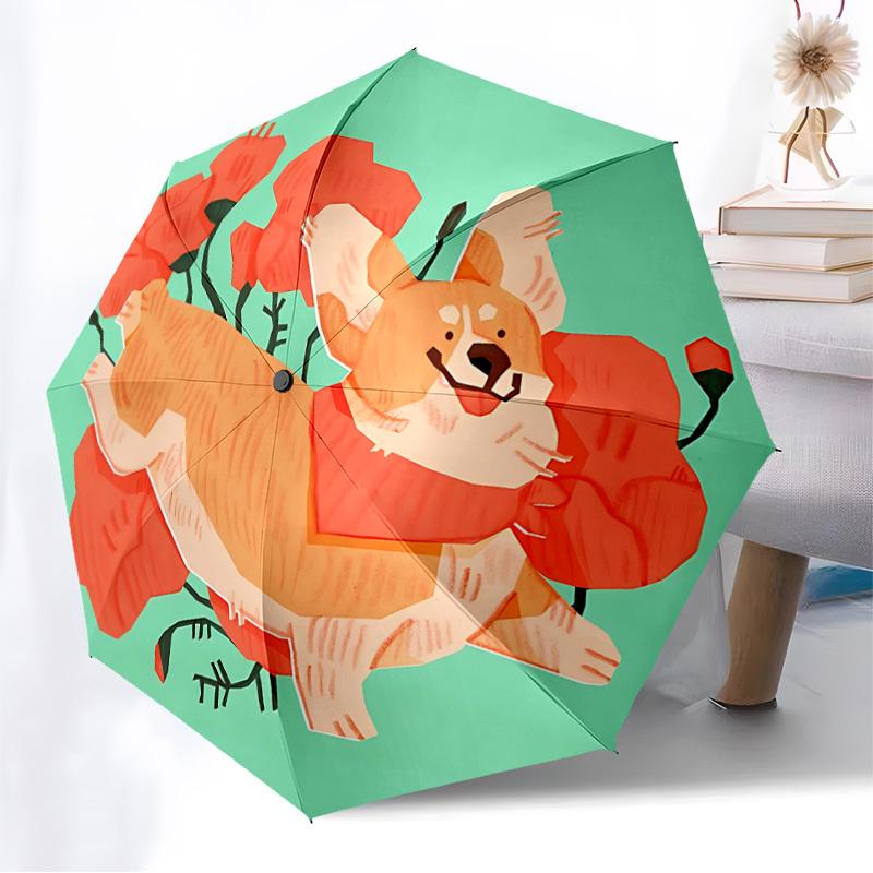 1pc Corgi, Flowers Automatic Folding Umbrella - Portable Collapsible Design, 8-Rib Iron Frame, Casual Outdoor Accessory Yy251215211