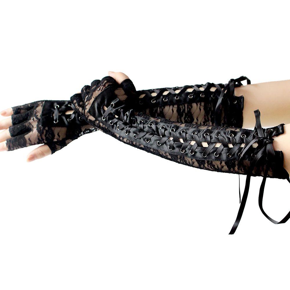 Fashion Long Fingerless Party Cosplay Silk Ribbon Lace Gloves Halloween Gloves Punk Gothic Mittens