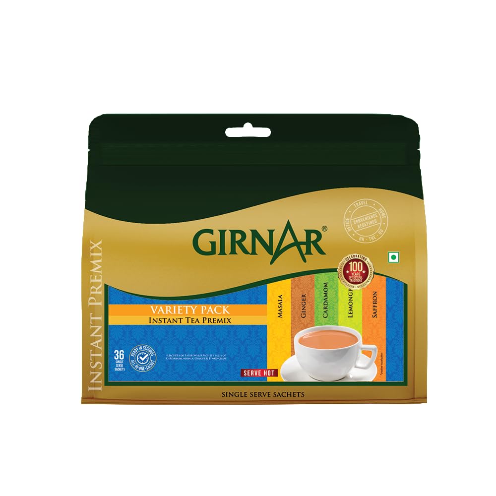 Girnar Instant Premix Chai Variety Pack 36 Sachets Cardamom Ginger Masala Lemongrass Saffron