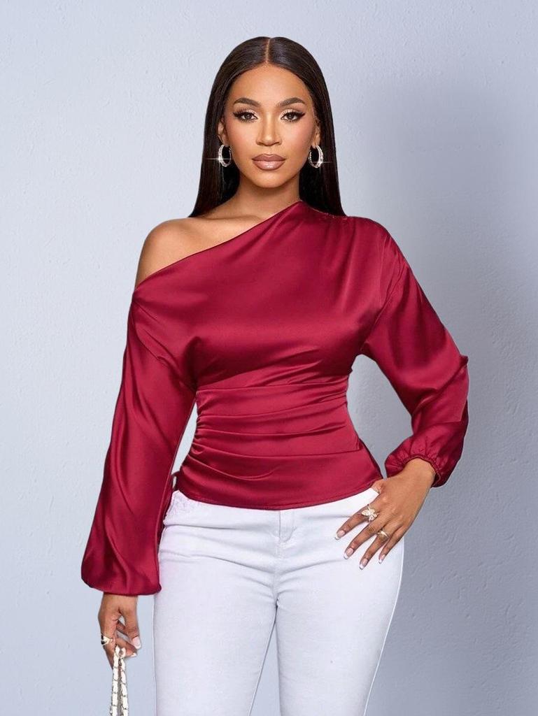 Asymmetrical Satin Blouse with Slanted Collar - Women's Spring/Autumn Collection