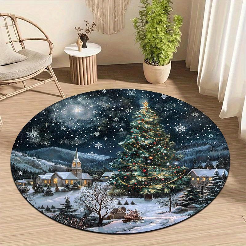 Christmas Santa Round Mat Stained Glass Border Santa Reindeer Xmas Tree Moon Festive Circular Decor Rug Living Space Decor
