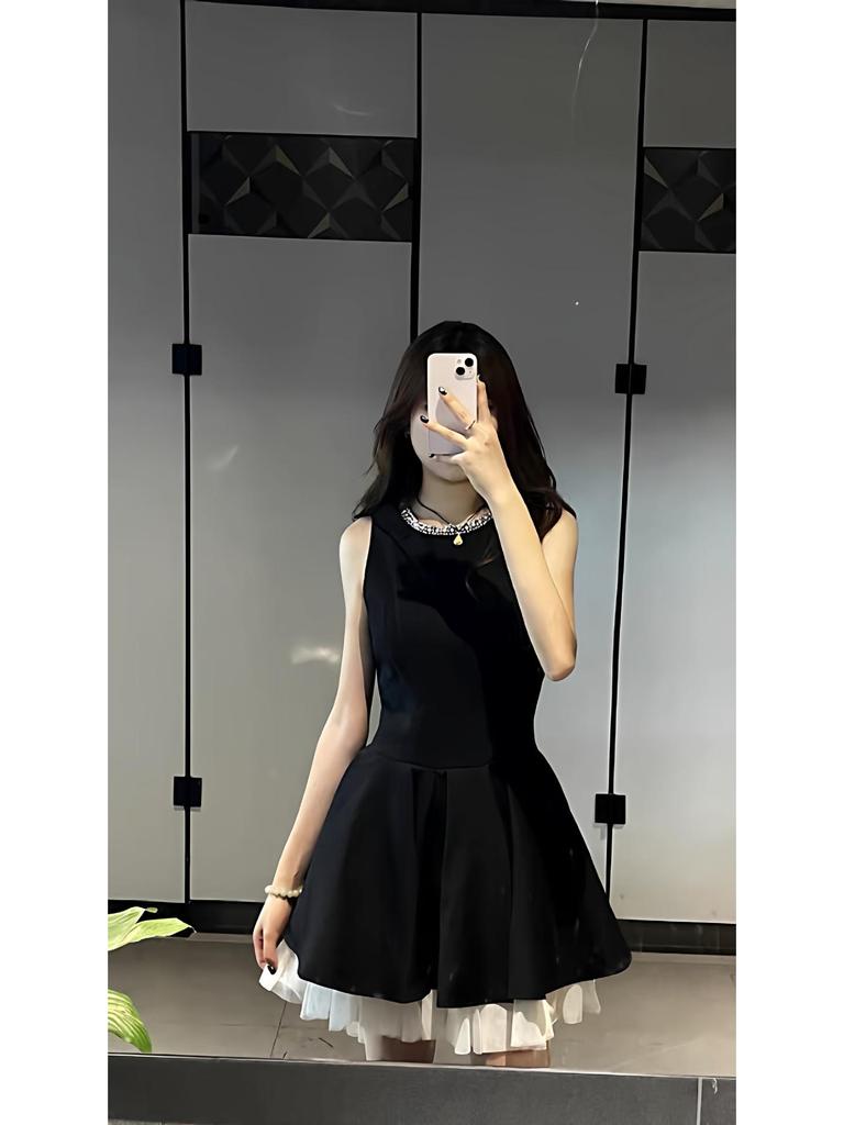 Elegant Gold-Embroidered Little Black Dress - Women's Summer Sleeveless Slim Fit Party Dress