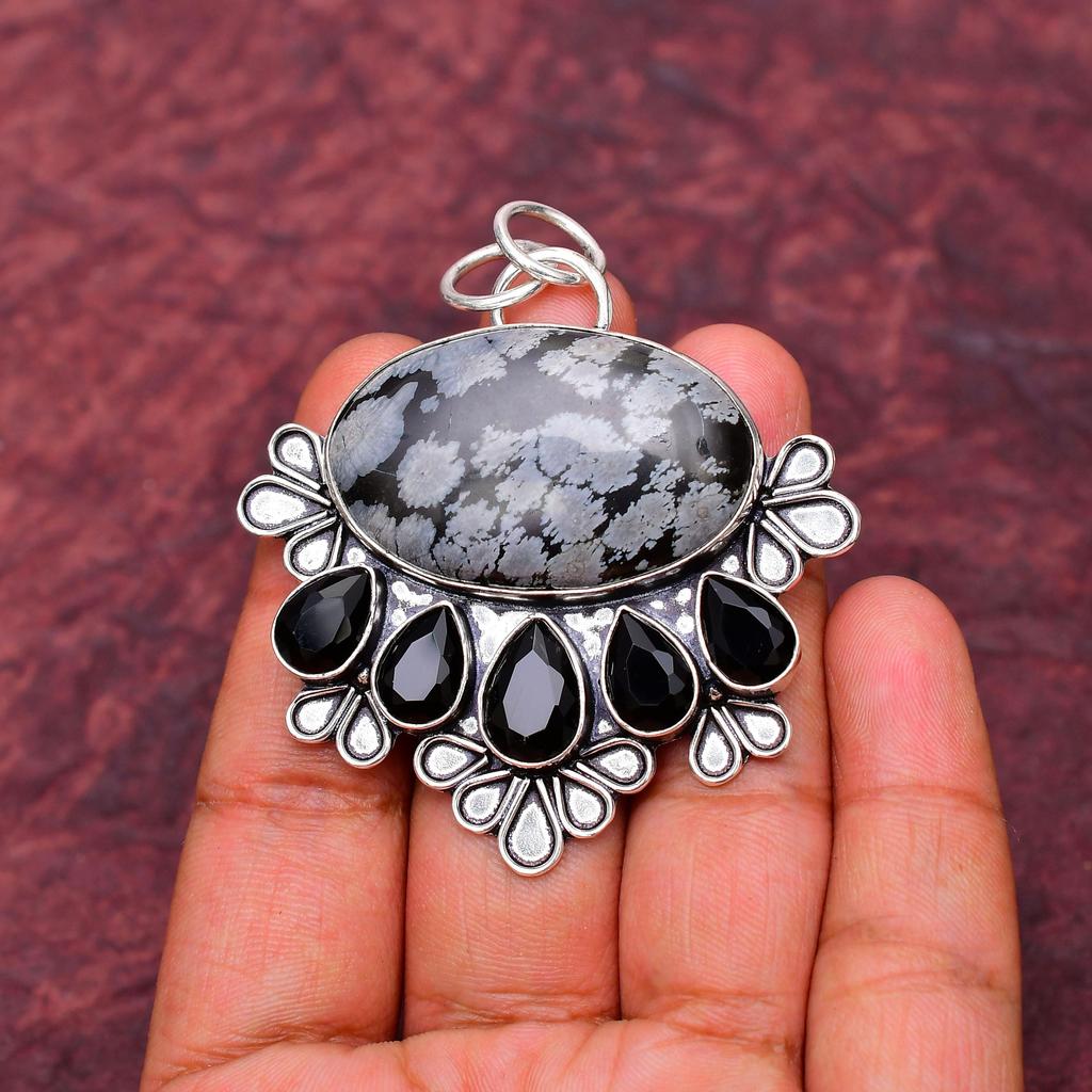 Awesome Snowflake Obsidian Gemstone Pendant: 925 Sterling Silver Handmade Pendant Necklace Jewelry